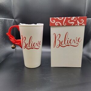 Cypress Home Christmas Believe Latte Coffee Mug w/ Lid Hot Cocoa Tea